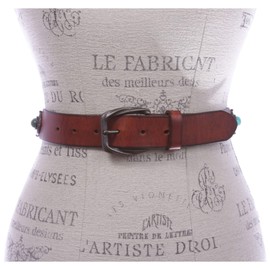 1 1/4" Women's Western Antique Copper Concho Turquoise Stone Studded Leather Belt, Tan | s - 27"~30"