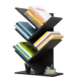 5-Tier Wood Bookshelf Tree Bookcase for Displaying Books, CDs, Magazines and More, Display Floor Standing Shelf for Books, Book Organizer Shelves at Home Office, Living Room, Bedroom, Black
