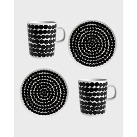MARIMEKKO Oiva Räsymatto Kitchen Dish Set — Includes: 2 Plates (8") & 2 Mugs (8.8oz) — Refine Your Kitchen Décor with Our Iconic Black & White Stoneware — Mug and Plate Set for Kitchen