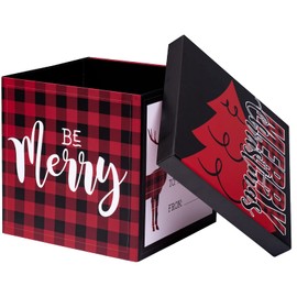 Holijolly 1 Pcs Gift Box with Lid for Christmas - Black and Red Plaid Design Gift Box, Collapsible Gift Box with Magnetic Closure and 2 Pcs Tissue Paper - 23x23x23cm