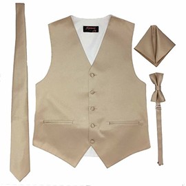 Spencer J's Men’s Formal Tuxedo Suit Vest Tie Bowtie and Pocket Square 4 Peace Set Verity of Colors (L (Coat Size 42-45), Champagne)