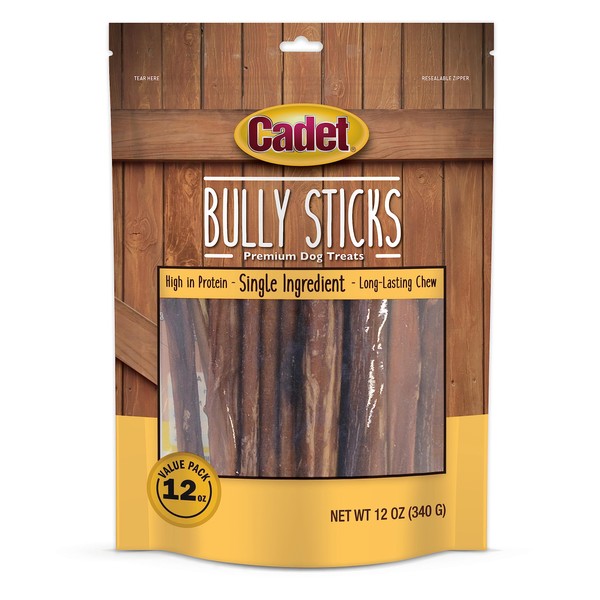 Cadet Bully Sticks- All-Natural, Long-Lasting Grain-Free Dog Chews - Bully Sticks for Small, Medium, and Large Dogs - Treats for Aggressive Chewers (12 oz.)