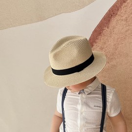 Straw Fedora Sun Hat for Kids Roll Up Short Brim Trilby Hat Panama Beach Hat (P-Beige)