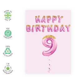Central 23 9th Birthday Card For Girl - Girls Birthday Cards 9 Year Old - Pink Party Balloons - Ninth Birthday Card For Daughter Granddaughter Niece - Comes With Fun Stickers - Made In The UK