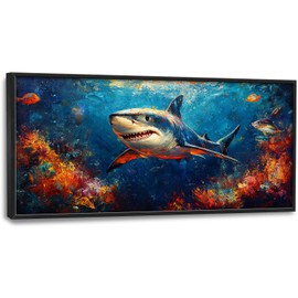 Shark Wall Art Ocean Pictures Nautical Room Decor Coastal Canvas Prints Modern Home Artwork Decorations Framed for Bedroom Bathroom Living Room Office 60 x 30 inch