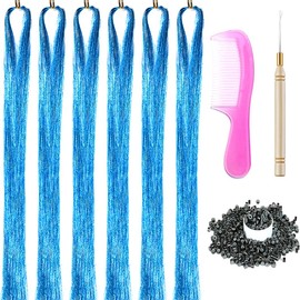 XIAO TAO ZI Hair Tinsel Kit with Tools 43 Inch 6 Packs 1200 Strands Tinsel Hair Extensions for Women and Girls Heat Resistant Sparkling Shiny Glitter Hair for Christmas Cosplay Party New Year (43 inch, lake blue)