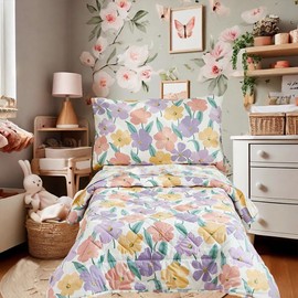 Brandream Floral Toddler Bedding Set for Girls Bed in A Bag Garden Flowers Print 100% Cotton Comforter Sheet Set, Purple Yellow 4 Pieces