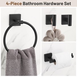Towel Ring Set 4 Piece Bathroom Hardware Set Includes Towel Ring 2 Towel Hooks and Toilet Paper Holder Stainless Steel Wall Mounted (Matte Black)