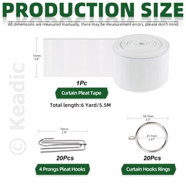 Keadic 41Pcs Curtain Accessory kit Contains 6 Yards 5.5 Meters Pleated Curtain Heading Tape, Stainless Steel 4 Prong Curtain Pleat Hook Clip and Curtain Rings with Eyelet for Home Decorate