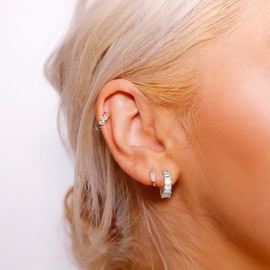 Open Hoop Earrings with Crystal Baguette for Women Girls, Sterling Silver C-Shaped Earrings with Cubic Zirconia, Diameter 10mm, Small, Cubic Zirconia, Zircon