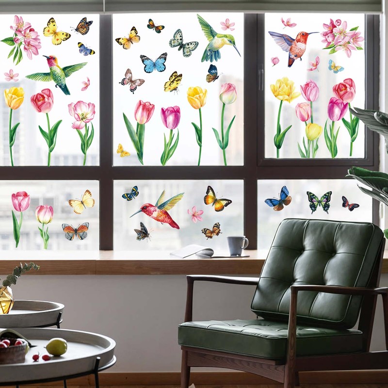 Konsait 9 Sheets Spring Flower Window Clings, Large Removable Butterfly
