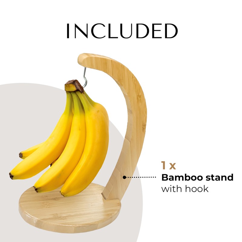 JS Gourmet Bamboo Banana Stand with Stainless Steel Hanging Hook,