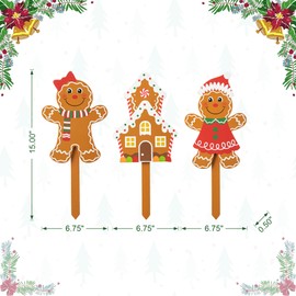Glitzhome 15" H Wooden Happiness Gingerbread Man Christmas Yard Stakes,Smile Gingerbread Boy Girl and Biscuit House Lawn Sign for Xmas Winter Pathway Holiday Party Yard Decor,Set of 3