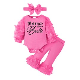 CETEPY New Born Clothes Baby Girl Infant Fall Winter Outfits 3D Butterfly Mesh Long Sleeve Mama Is My Bestie Romper Flare Pants with Bow Headband Rose Pink Set 0-3 Months