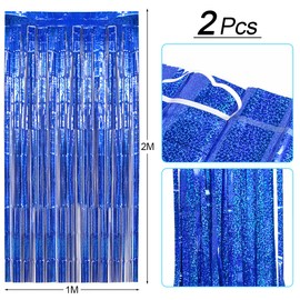 O-Kinee Tinsel Curtains, Blue Glitter, Pack of 2 Metallic Glitter Curtain Fringe 1 m x 2 m, Glitter Tinsel Curtain, Foil Fringe Curtain for Christmas Tree, Birthdays, Festivals, Party, Stage