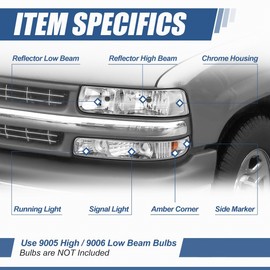 Auto Dynasty Headlights Assembly Compatible with 1999-2006 Chevy Silverado Suburban Tahoe, 4Pcs Driver and Passenger Side Halogen Headlamps Replacement w/Bumper Lamps, Chrome Housing Amber Corner