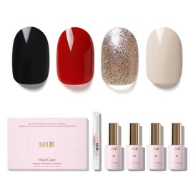 NAILOG Gel Nail Polish Set - 4 Colors Top Coat Color Gel Base 3-In-1 Soak Off UV Gel Polish Kit for Home DIY & Birthday Gifts for Women | Black, Red, Creamy White, Champagne Glitter