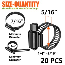 BOTTEN 20pcs Black Hose Clamp,1/4"-7/16"(6-12mm)304 Hose Clamps Stainless Steel Adjustable Worm Gear Hose Clamps Assortment Kit,radiator hose clamps fuel line clamps