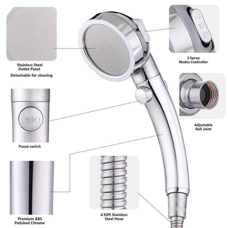 High Pressure Handheld Shower Head with ON/OFF Switch, 3 Spray