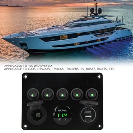 Panel de Interruptores de 5 Bandas para Barco Marino, Caravana, Remolque, Camión, Resistente Al Agua, Panel de Interruptores LED de 12‑24 V con Voltímetro Digital Retroiluminado (Azul)