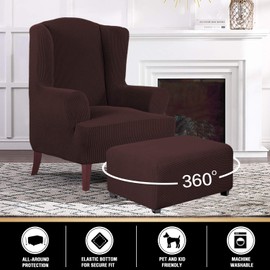 PrinceDeco Stretch Ottoman Cover Slipcovers Rectangle for Living Room Foot Stool Stretch Covers to Fit Ottoman Foot Rest, Thick Checked Jacquard Fabric with Elastic Bottom (Oversized Ottoman, Brown)