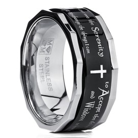 Men's Women's Black Stainless Steel Religious Cross Serenity Prayer Spinner Ring 9MM Size 10
