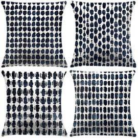 Polka Dot Pillow Covers 18x18 Set of 4 – Navy Blue & Cream Boho Throw Pillow Covers with Brush Stroke Design, Decorative Square Outdoor/Indoor Polyester Pillow Cases for Sofa, Couch, Bed