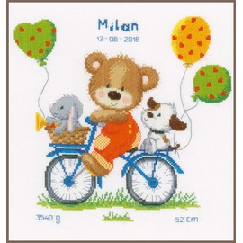 Vervaco Counted Cross Stitch Kit: Birth Record: Cycling Bear, NA, 27 x 29cm