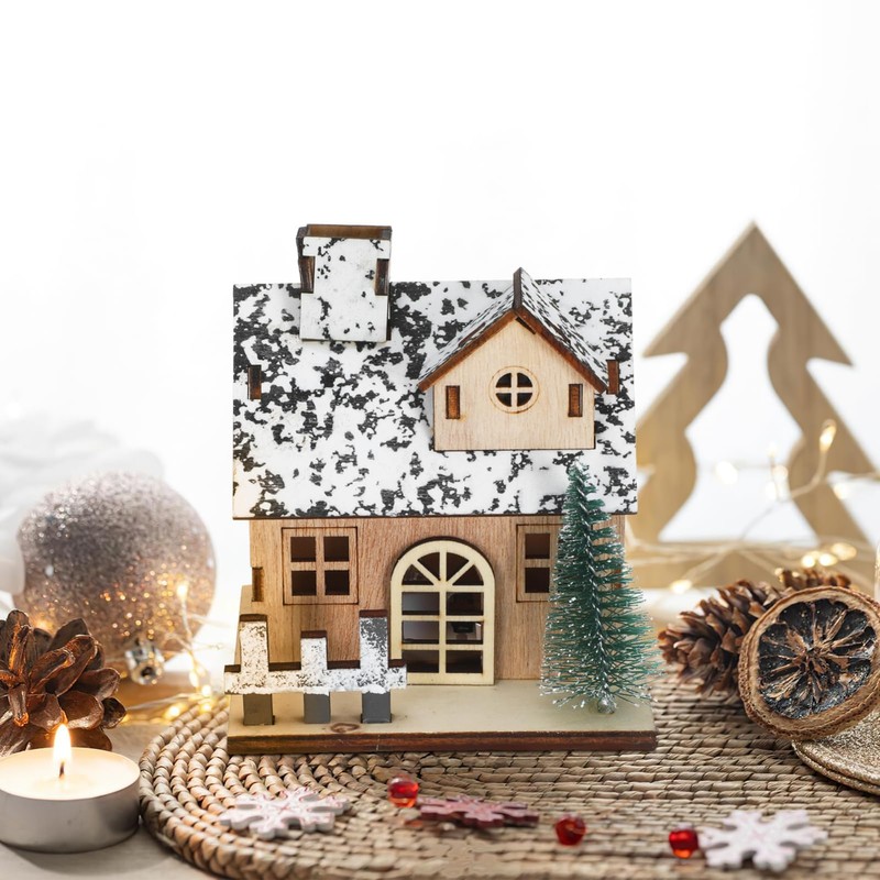 Toyvian 3 Pcs Christmas Village Houses Decor: Small Glowing Wooden