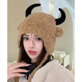 Faux Fur Trooper Hat for Women & Men - Buffalo Horns, Fluffy Earflap, Winter Hat - B-Black