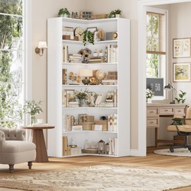 FACBOTALL Corner Bookshelf with Storage, 73.5" Tall Bookcase Shelf, White