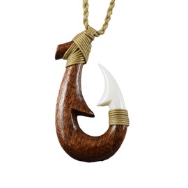 Unique Hawaiian Large Genuine Koa Wood Fish Hook Necklace, Hand Carved Buffalo Bone 3D Fish Hook Necklace, N9404A