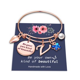 Hidepoo Butterfly Charm Bracelet for Women, Stainless Steel Rose Gold Bangle With V Letter Initial Blue Crystal Charm - Jewelry Gifts