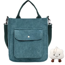 1 piece of green corduroy bag, with 1 plush cloud pendant, retro handbag, simple messenger bag, large-capacity shoulder bag, portable leisure bag, suitable for travel and shopping