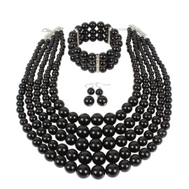 KOSMOS-LI Multi Layer Pearl Strand Necklace Bracelet And Earring Imitate Black Pearl Jewelry Sets For Women