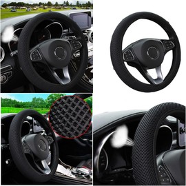 MRTIOO Breathable Stretch Elastic Steering Wheel Cover, Cool in Summer and Warm in Winter, Soft Microfiber Ice Silk Cloth Fabric, Universal 14.5-15 in, Fit Suvs, Vans, Sedans, Cars, Trucks (A-Black+)