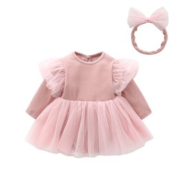 Baby koi Baby Clothes, Long Sleeve Dress, Girls Spring and Autumn, Tulle Skirt Coveralls, Hair Ornament, Baby Birth Prep Gift, Frill, Solid Color, Pink