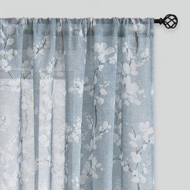 FMFUNCTEX Linen Sheer Curtains for Bedroom, Blue White Blossom Print Curtains 63 Inch Length for Living Room, Floral Patterned Farmhouse Curtain Light Filtering Window Drapes 2 Panels, Rod Pocket