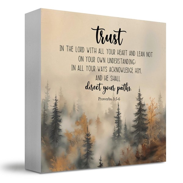 JUIOEIU Christian Desk Decor, Proverbs 3:5-6 Bible Verse Wooden Box