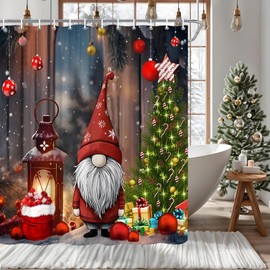 Christmas Gnome Shower Curtain Lovely Cute Gnomes Xmas Tree Gifts Star Snowflake Winter Holiday Rustic Bathroom Decor Polyester Fabric Curtains with Hook 70Wx70H Inches