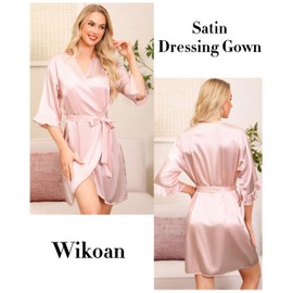 Wikoan Women's Satin Dressing Gown Kimono Robe Short Satin Bathrobe with Belt V-Neck Kimono Bathrobes, Rubber pink.
