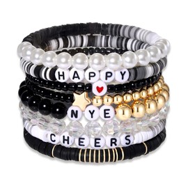 FAERLIIRY New Year Bracelets for Women Beaded Stretch Bracelets Clay Beaded Bracelets Stackable Bracelets Preppy 2024 Happy New Year Party Jewelry Gift (New Year)
