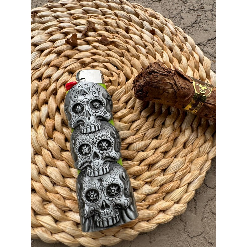 Three Skull Face Skeleton Metal Lighter Case Cover Holder fits