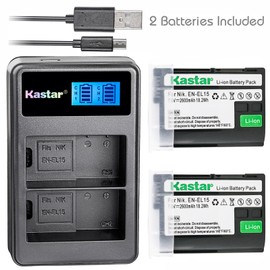 Kastar Battery (X2) & LCD Dual Slim Charger for Nik EN-EL15, ENEL15 and Nik 1 V1, D500, D600, D610, D750, D800, D7000, D7100, D800, D800E DSLR Camera, Grip MB-D11, MB-D12, MB-D14, MB-D15, MB-D16