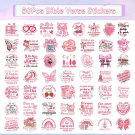 Falueqg Spanish Bible Verse Stickers - 50Pcs Pink Inspirational Christian Stickers, Waterproof Religious Jesus Scripture Decals, Aesthetic Faith Decals for Water Bottle Laptop Scrapbook Journaling