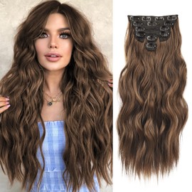 NAYOO Clip in Hair Extensions for Women 20 Inch Long Wavy Curly Medium Brown Hair Extension Full Head Synthetic Hair Extension Hairpieces (6PCS,Medium Brown)