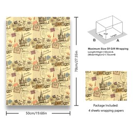 Retro Romance French Paris Eiffel Tower Balloons Bicycle Pink Hearts Newspaper Decorative Kraft Gift Wrap Wrapping Paper Folded Flat 4 Sheets 4 Designs: 16 sq. ft. ttl-for Friends Lover Christmas