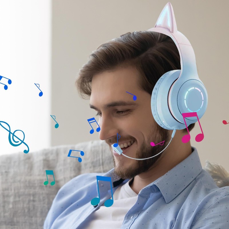 RGB Cat Ear Headphones,Wireless Foldable & Wired Over Ear Headphones