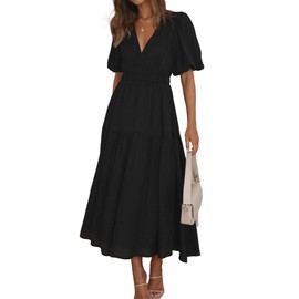 MessBebe Summer Maxi Dress Short Puffy Sleeve V Neck High Waist A-Line Flowy Wrap Sun Swing Wedding Guest Long Dresses for Women