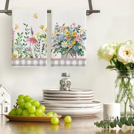 Artoid Mode Buffalo Plaid Wildflower Floral Spring Kitchen Towels Dish Towels, 18x26 Inch Farmhouse Summer Decoration Hand Towels Set of 2